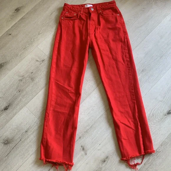 Zara The 90's Full Length Jeans Red Size 4 buttons fly raw ham - Picture 14 of 16